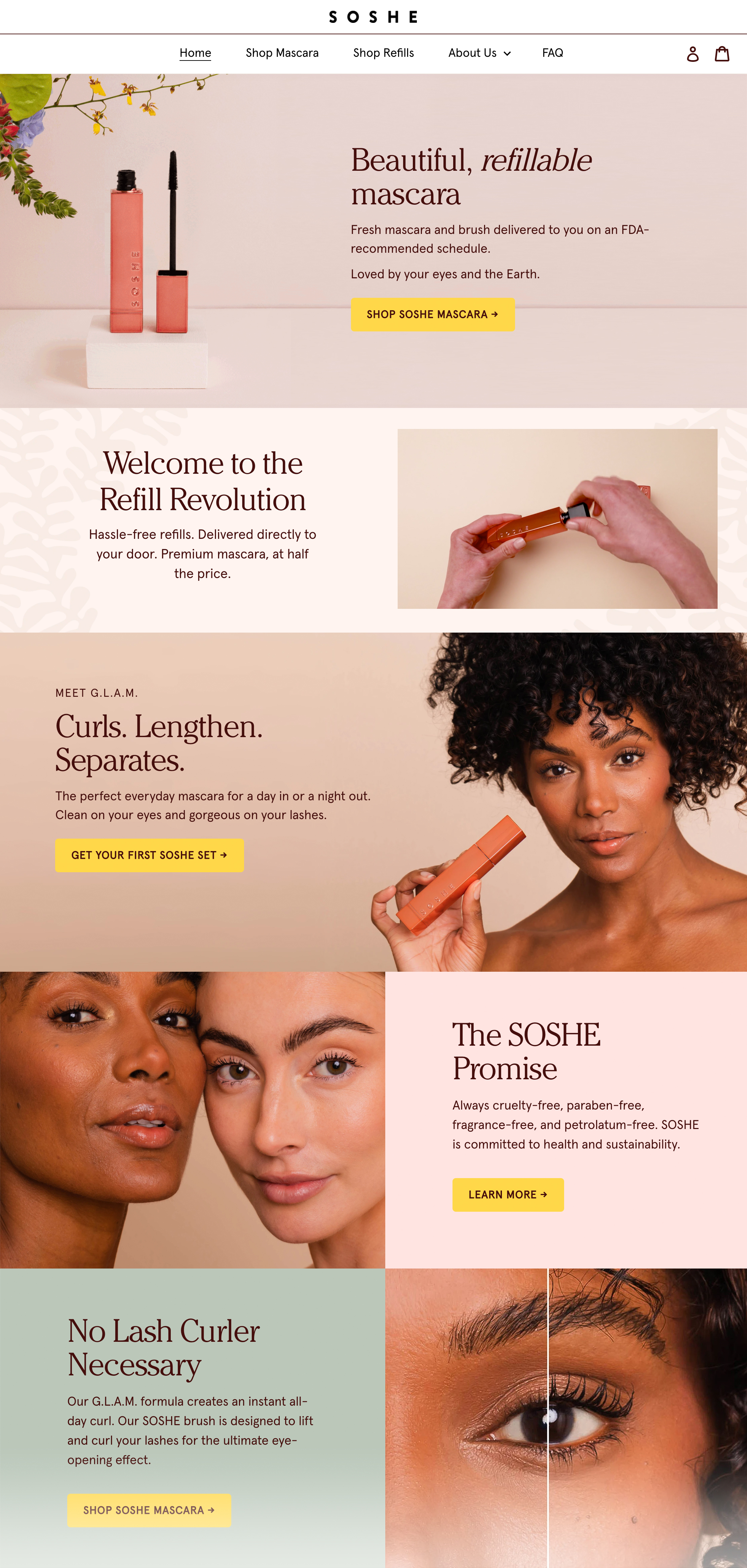 An elegant eCommerce storefront for SOSHE Beauty, a refillable makeup brand.