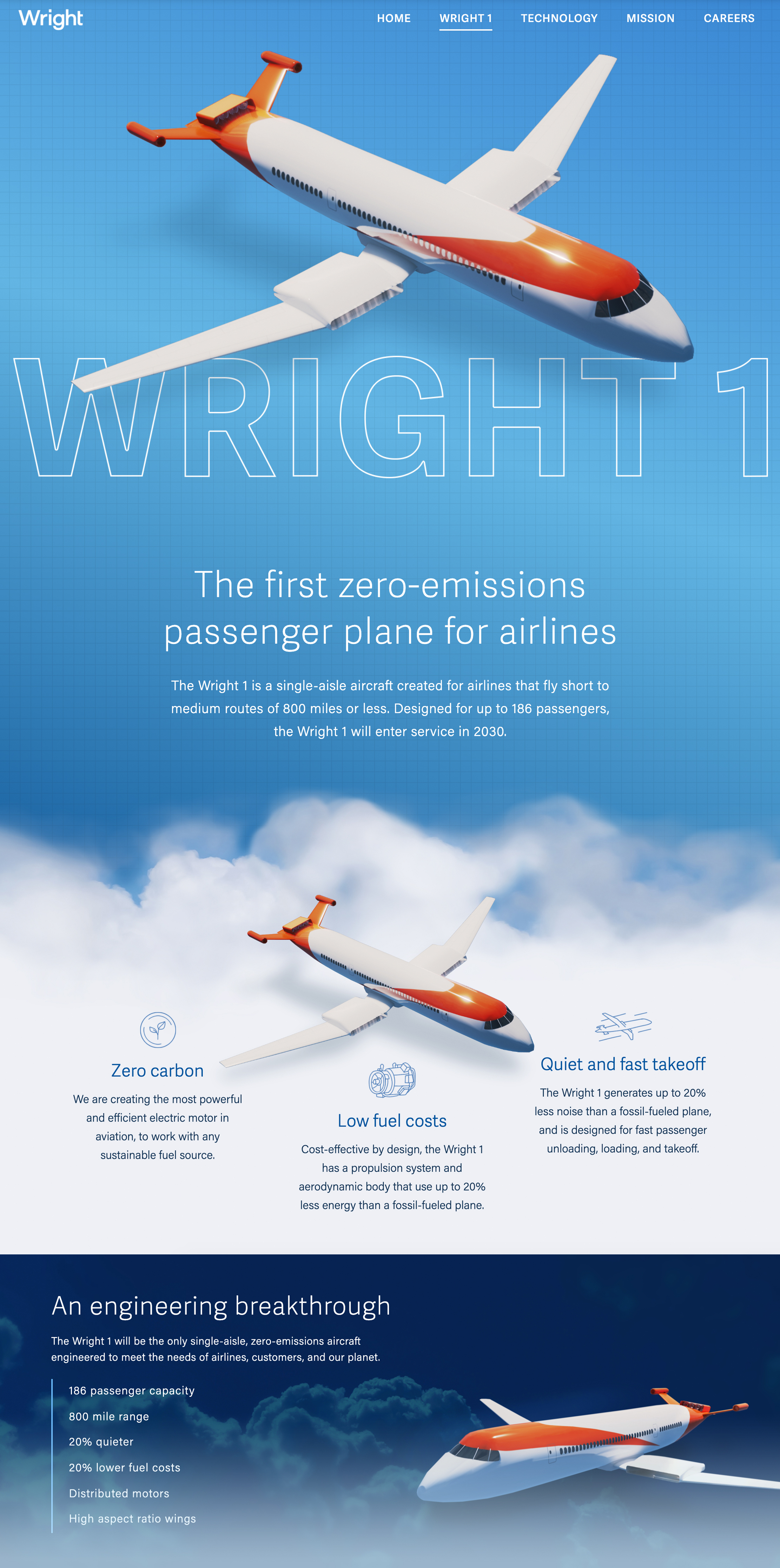 A sharp informational website for Wright Electric, a zero-emissions commercial airplane company.